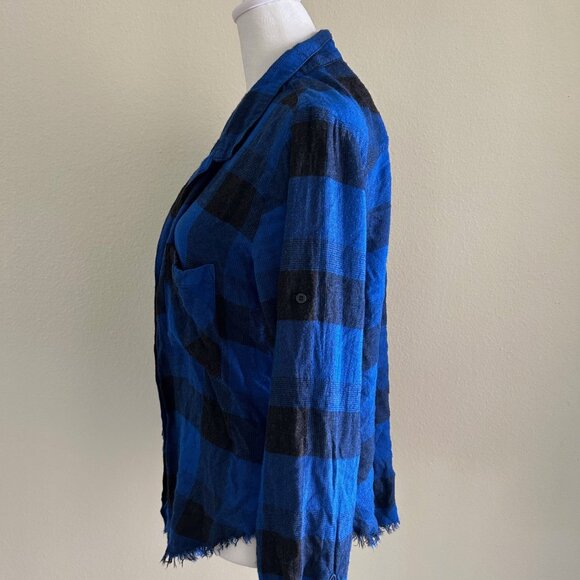 Cloth & Stone Shirt Blue Black Plaid Raw Hem Roll Tab Sleeve Button Down SizeM - Picture 3 of 9